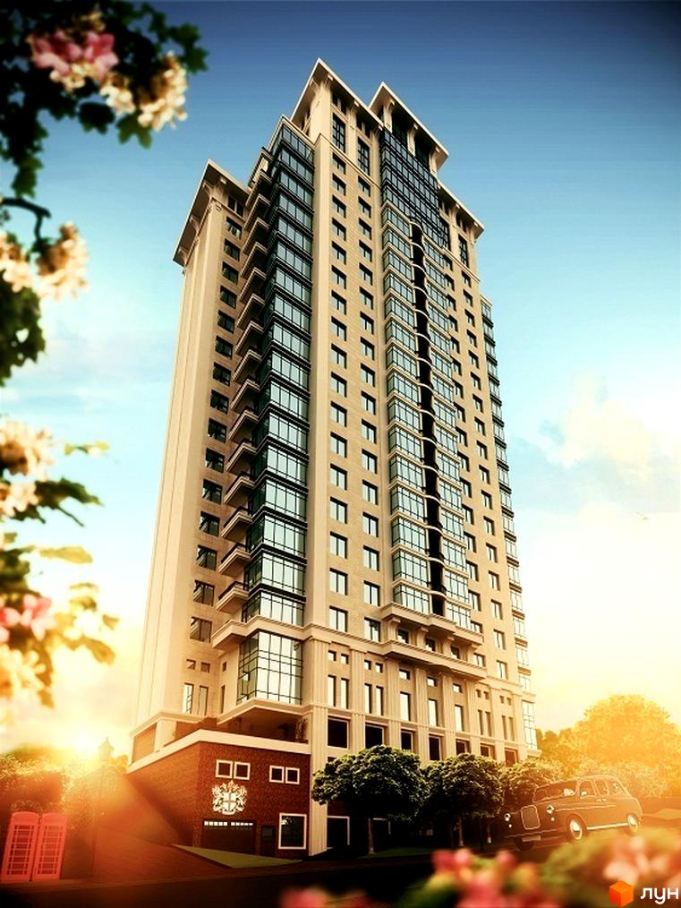 Висотна будівля житлового комплексу Chelsea Tower з великою кількістю вікон. На території комплексу розташовані дерева, кущі та ретро автомобіль.