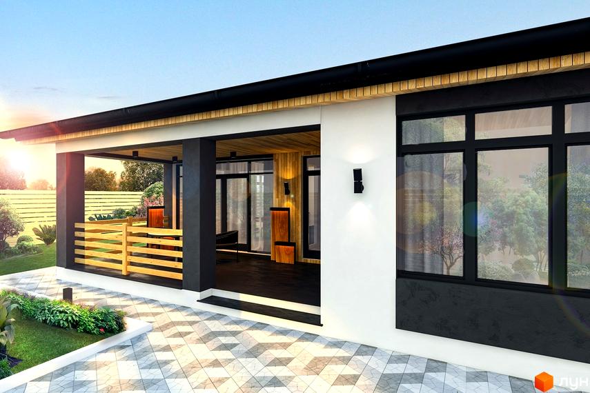 Котеджне містечко Green House 2: одноповерховий будинок з терасою та великими вікнами, доглянута прибудинкова територія з газоном та плиткою.