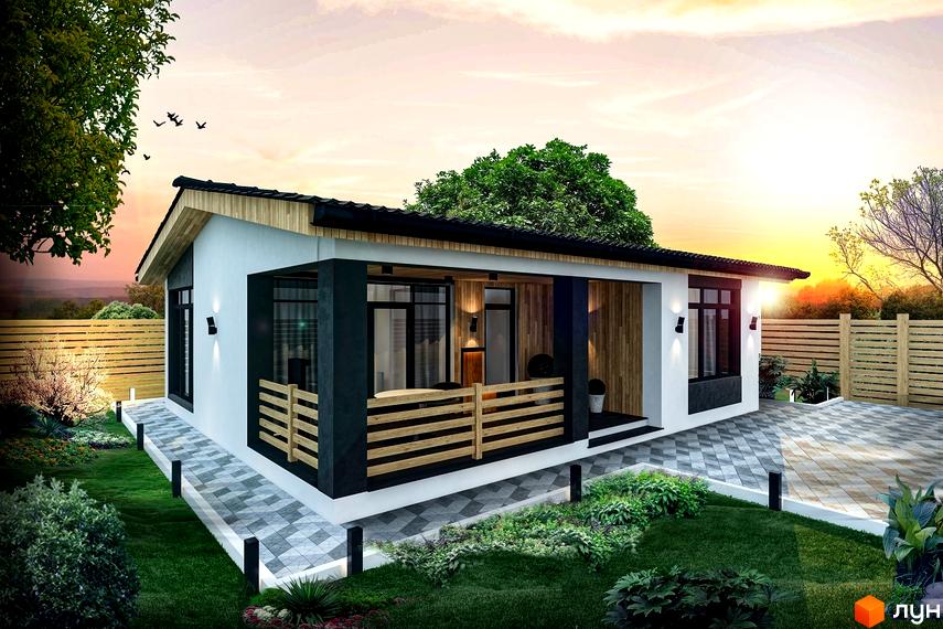 Котеджне містечко Green House 2: одноповерховий будинок з терасою та дерев'яною огорожею, доглянута прибудинкова територія з газоном та доріжками.