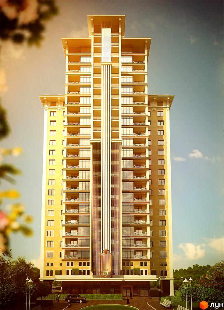 Висотна будівля житлового комплексу Chelsea Tower з балконами та панорамними вікнами. На прибудинковій території є зелені насадження, лавки та ліхтарі.