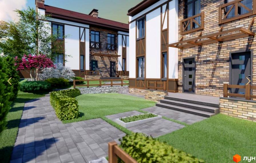 Таунхаус ENGLISH HOUSE з цегляним фасадом та білими вставками, перед будинком зелений газон та вимощені доріжки.