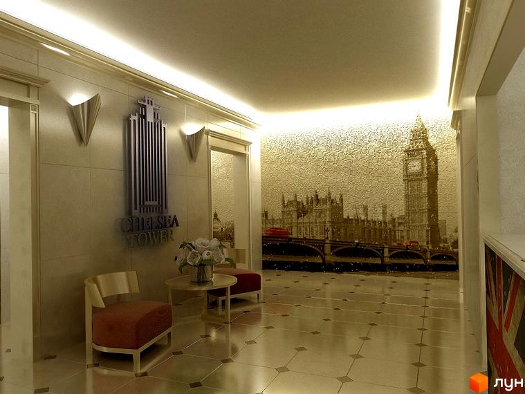 Інтер'єр клубного будинку Chelsea Tower з оздобленням у вигляді лондонського пейзажу. Хол з меблями та логотипом житлового комплексу.