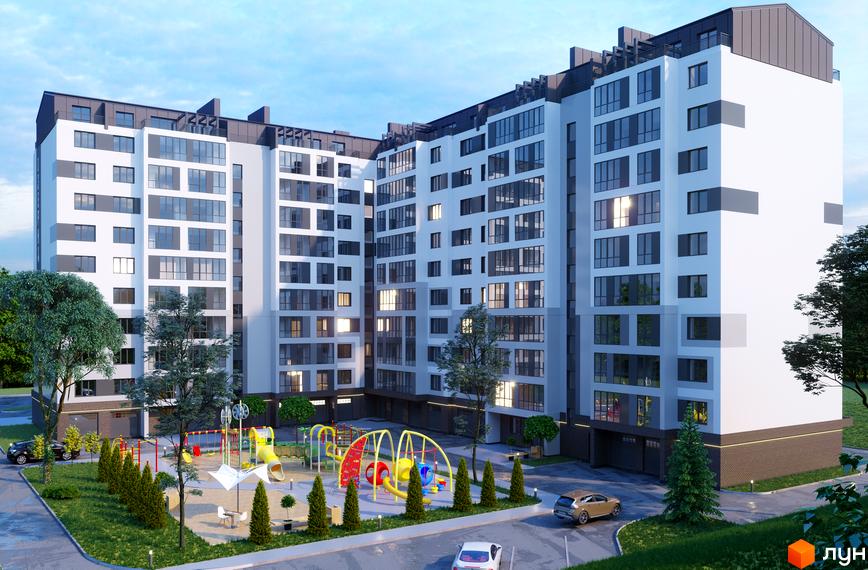 Житловий комплекс Автобіографія: багатоповерховий будинок з великою кількістю вікон та дитячим майданчиком на прибудинковій території.