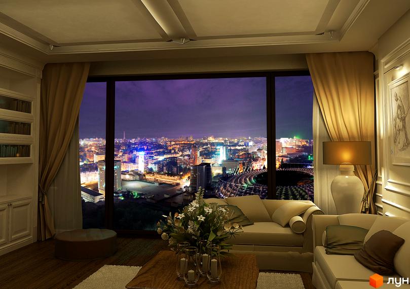Вид з вікна на нічне місто в квартирі ЖК Chelsea Tower. Простора вітальня з панорамним видом на вогні міста.