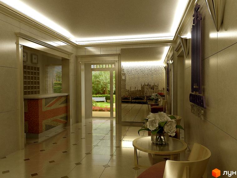 Інтер'єр клубного будинку Chelsea Tower: холл з дизайном у британському стилі. На стінах зображення Лондона, на ресепшені прапор Великобританії.