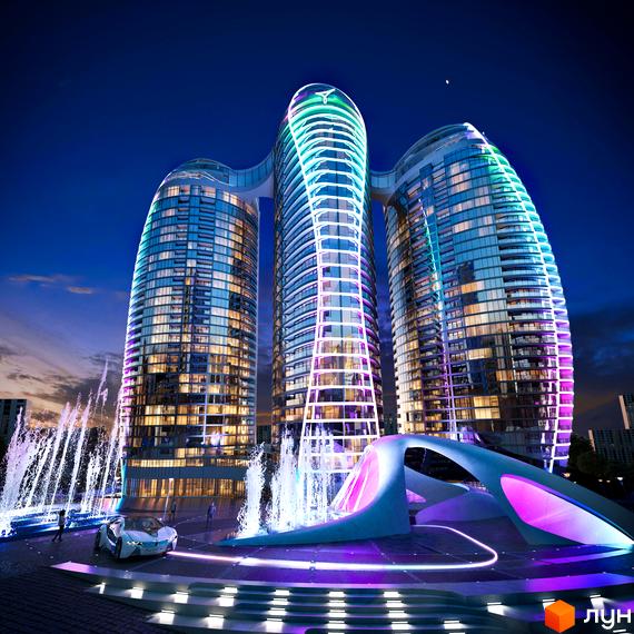 Taryan Towers - три вежі з футуристичною архітектурою та підсвіткою, оточені фонтанами та футуристичним автомобілем. Сучасний житловий комплекс у вечірньому міському пейзажі.