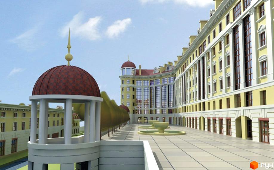 Житловий комплекс Ренесанс парк: фасади жовтих будинків з білими колонами та червоними дахами, з куполом та фонтаном на території.