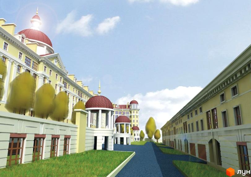 Зовнішній вигляд житлового комплексу КМ Renaissance Park з жовтими фасадами, червоними куполами та колонадами, оточений зеленою прибудинковою територією з деревами.