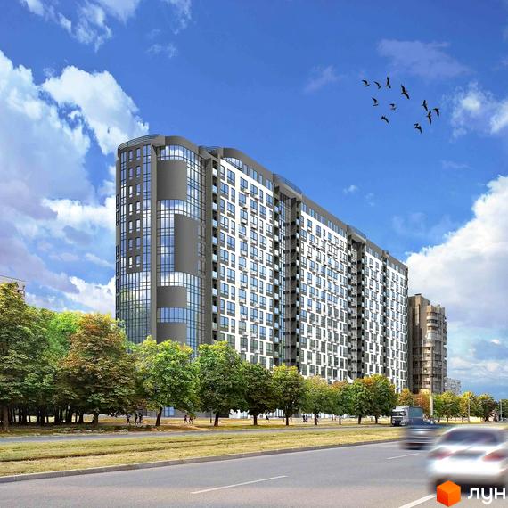 Житловий комплекс Обсидіан - це сучасна новобудова з вигнутим фасадом та великою кількістю вікон, розташована біля зеленої зони з деревами та дорогою.