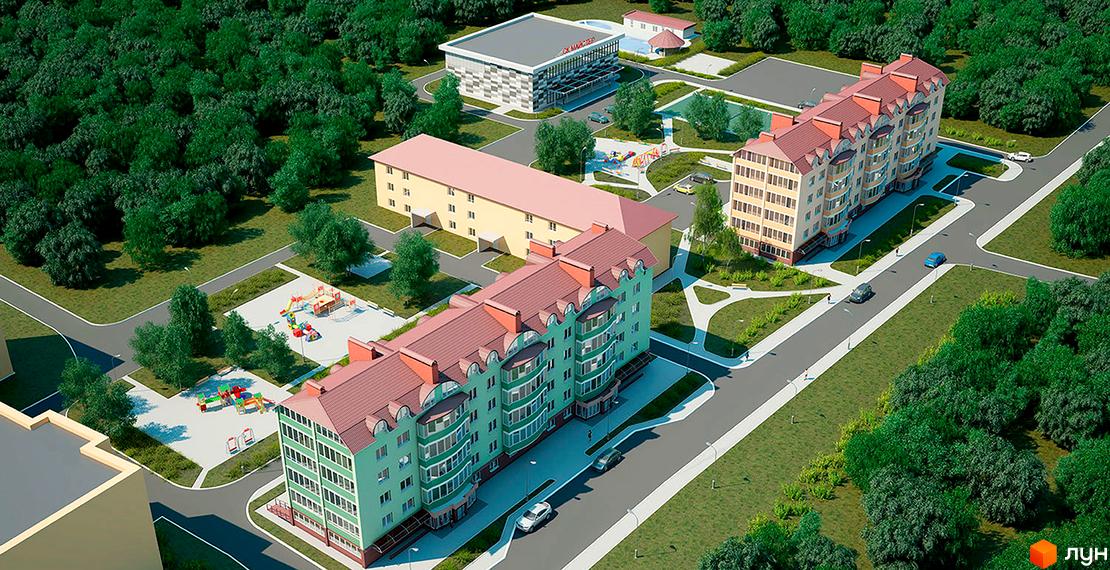 Житловий комплекс Садовий: зелені багатоповерхові будинки з червоними дахами та дитячі майданчики на фоні лісу. Огляд території ЖК Садовий.