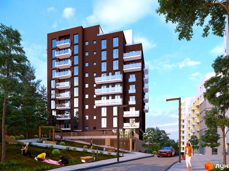 Новобудова ЖК Малоголосківські пагорби з коричневим фасадом та білими балконами. На прибудинковій території зелена зона відпочинку з людьми та доглянутий ландшафт.