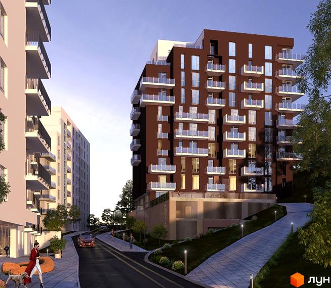 Новобудова ЖК Малоголосківські пагорби з коричневим фасадом та скляними балконами. Навколо будинку облаштована прибудинкова територія з доріжками та освітленням.