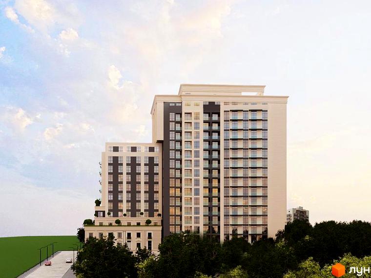 Житловий комплекс Central Park – це багатоповерхові будинки з великою кількістю вікон та балконів, оточені деревами. На території комплексу є дорога з ліхтарями та припаркованими автомобілями.