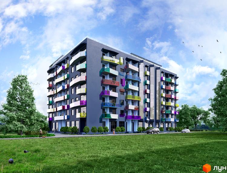 Житловий комплекс Калейдоскоп - багатоповерховий будинок з яскравими балконами на тлі хмарного неба та зеленої галявини з деревами.