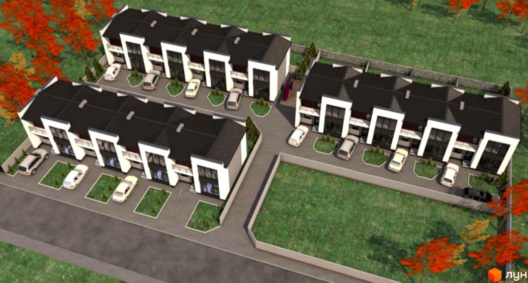 Зовнішній вигляд таунхаусів Stone House Krukovchina з паркуванням та зеленими зонами. Комплекс з сучасними фасадами та чорними дахами.