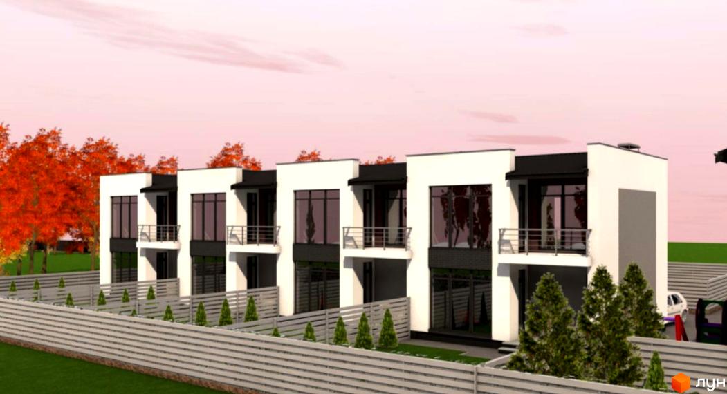 Зовнішній вигляд таунхаусів Stone House Krukovchina з великими вікнами та балконами. На прибудинковій території розташовані дерева та паркан.