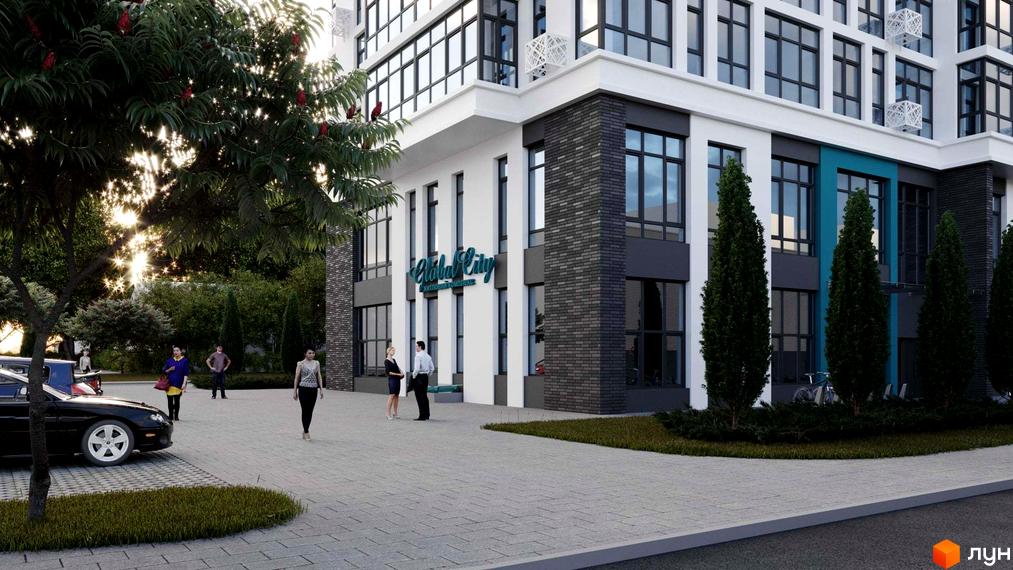 Житловий комплекс Smart City з фасадом з білої та сірої цегли, великими вікнами та зеленими деревами на прибудинковій території.