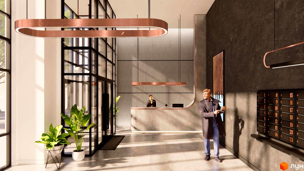 Лобі житлового комплексу Obsidian з рецепцією та зоною очікування. Елегантний дизайн інтер'єру з мідними акцентами та великими вікнами.