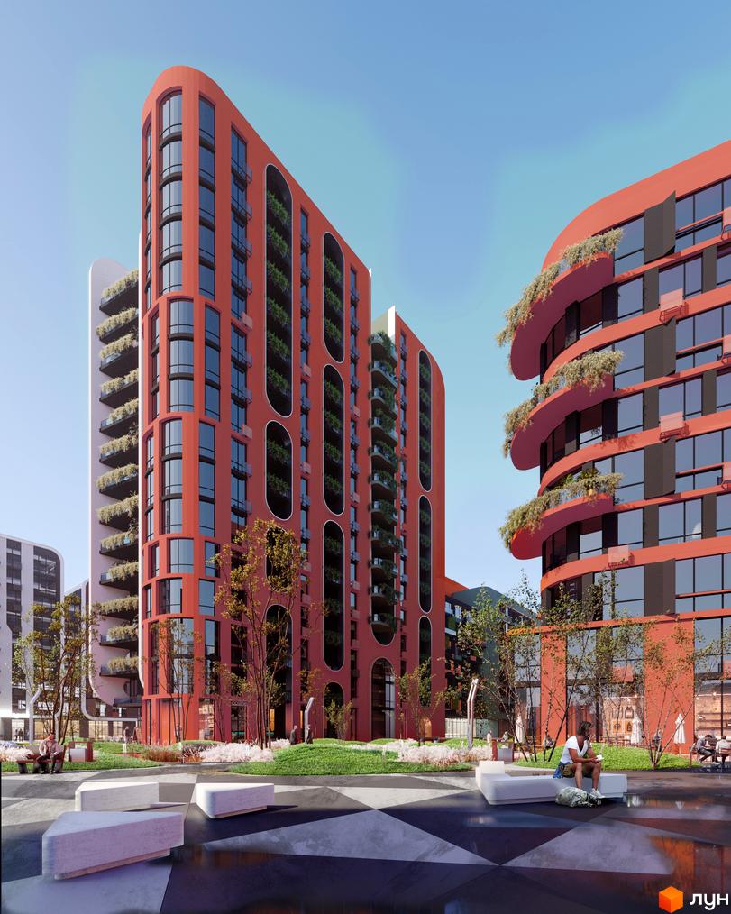 Житловий комплекс Respublika: червоні будівлі з округлими фасадами, вертикальним озелененням та зеленими зонами з деревами.