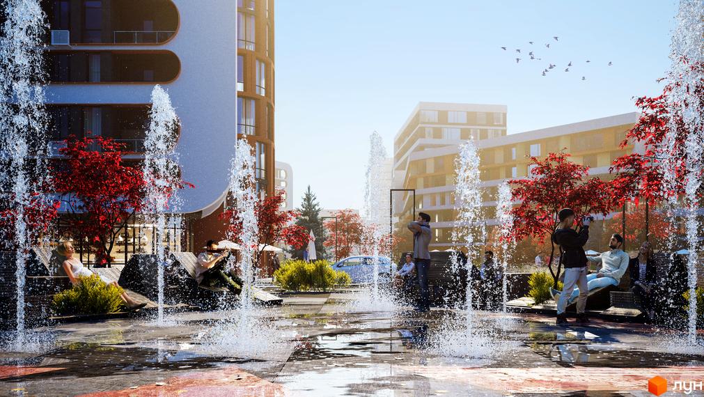 Будівлі Житлового комплексу Respublika мають світлі фасади та округлі балкони. Прибудинкова територія облаштована фонтанами, червоними деревами та місцями для відпочинку.