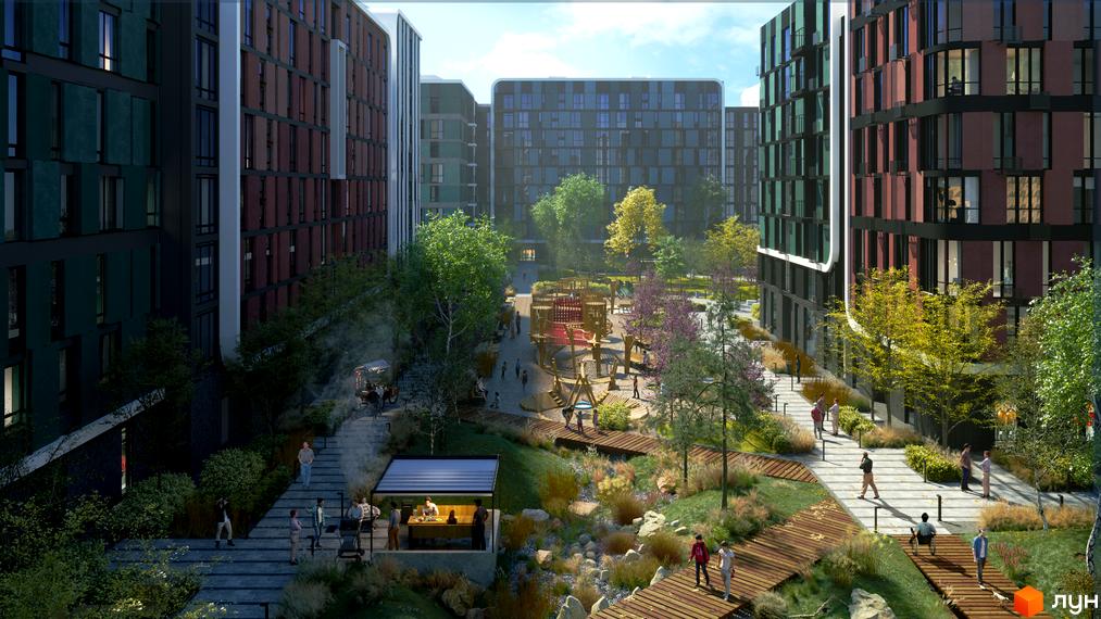 Житловий комплекс Respublika: багатоповерхові будинки з темними фасадами. Просторий двір з дитячим майданчиком, деревами та пішохідними доріжками.