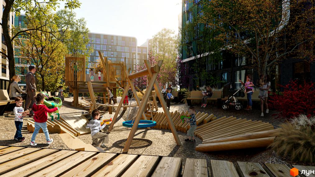Житловий комплекс Respublika з багатоповерховими будинками та просторим дитячим майданчиком з дерев'яними конструкціями.