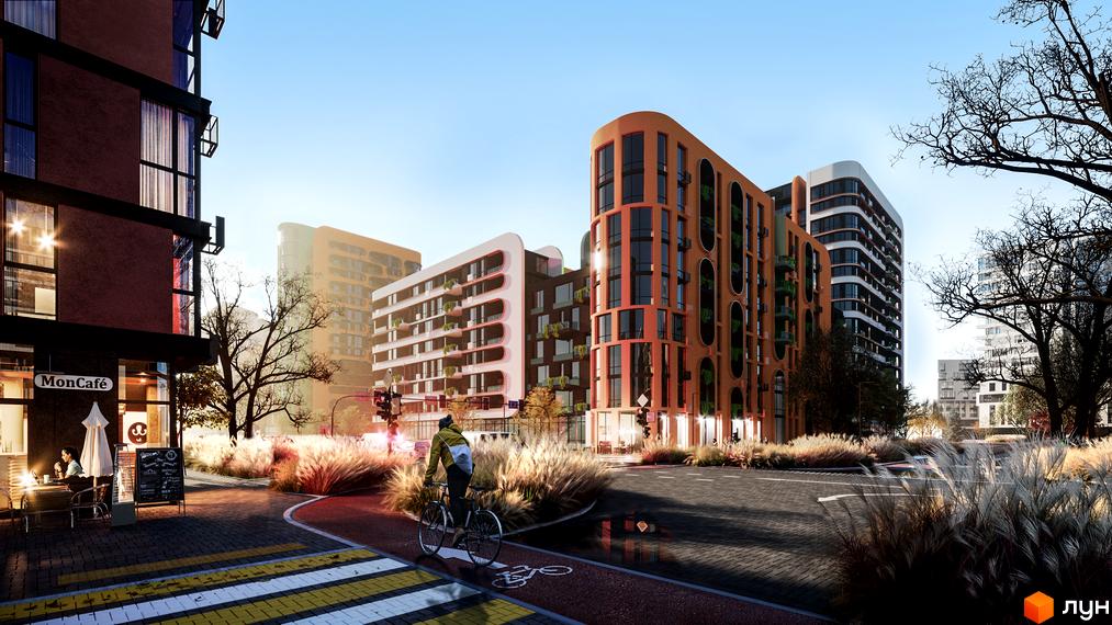 Житловий комплекс Respublika з будинками різної висоти та кольору, включаючи помаранчеві та білі фасади. Навколо будинків розташовані доріжки, велодоріжка та декоративні трави.