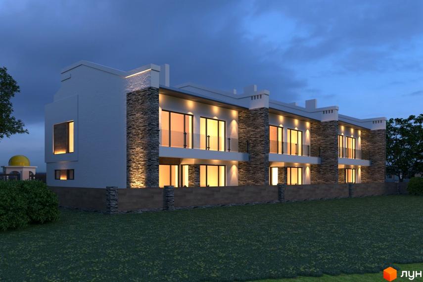 Зовнішній вигляд новобудови на вул. Землеробна з кам'яним оздобленням та великими вікнами. Навколо будинку доглянутий газон та зелені насадження.