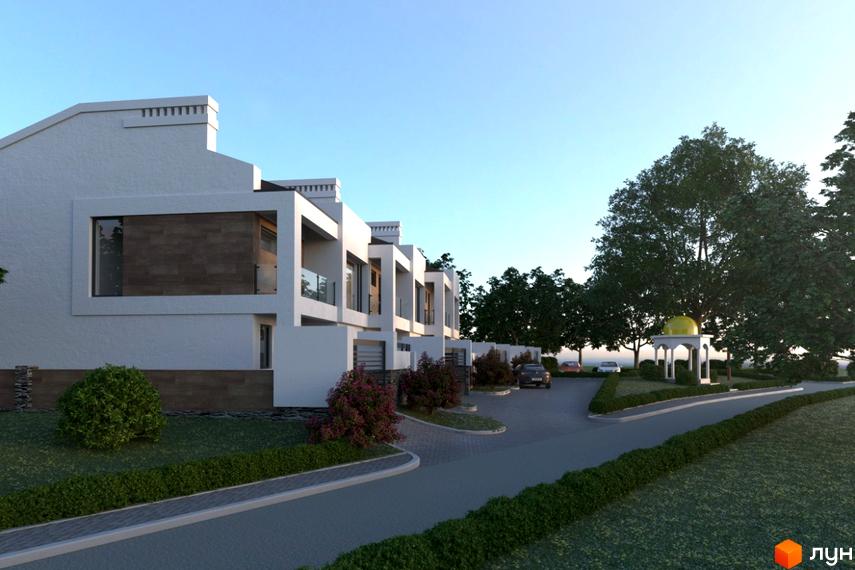 Зовнішній вигляд новобудови на вул. Землеробна з сучасним дизайном та доглянутою прибудинковою територією з деревами та зоною відпочинку.