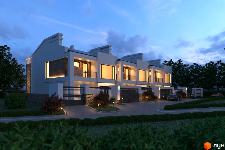 Сучасний житловий комплекс на вулиці Землеробній з елегантною архітектурою та доглянутою прибудинковою територією. На фото видно фасади будинків, вікна, ворота та зелені насадження.