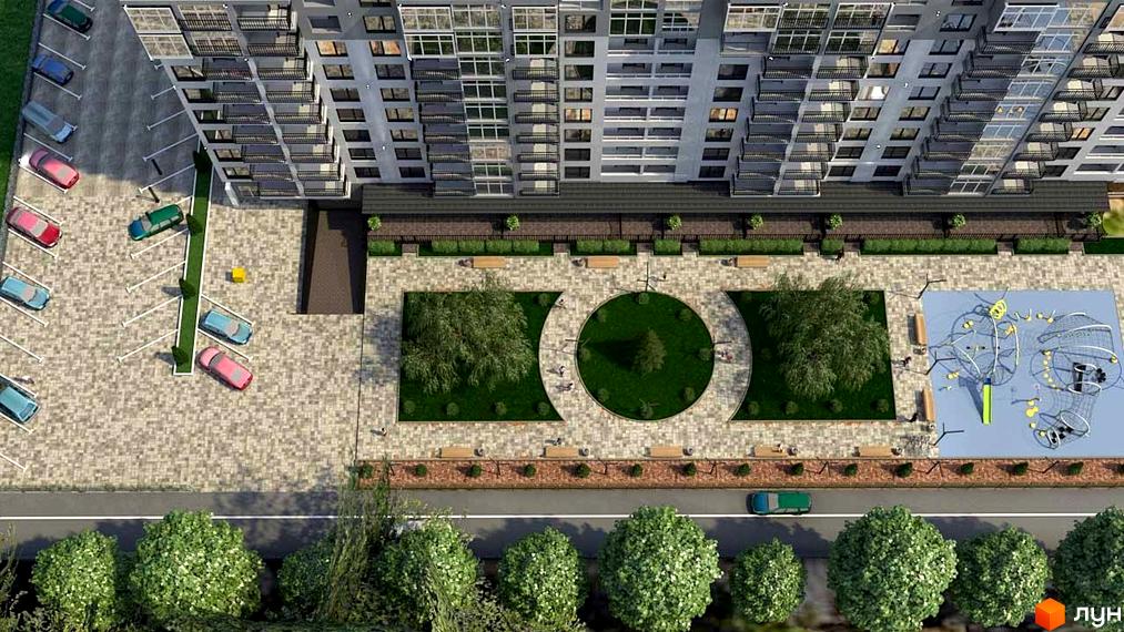 Вигляд зверху на Новобудову KromaxBud: багатоповерховий будинок з великою кількістю вікон та балконів. У дворі розташовані зелені зони, дитячий майданчик та парковка.