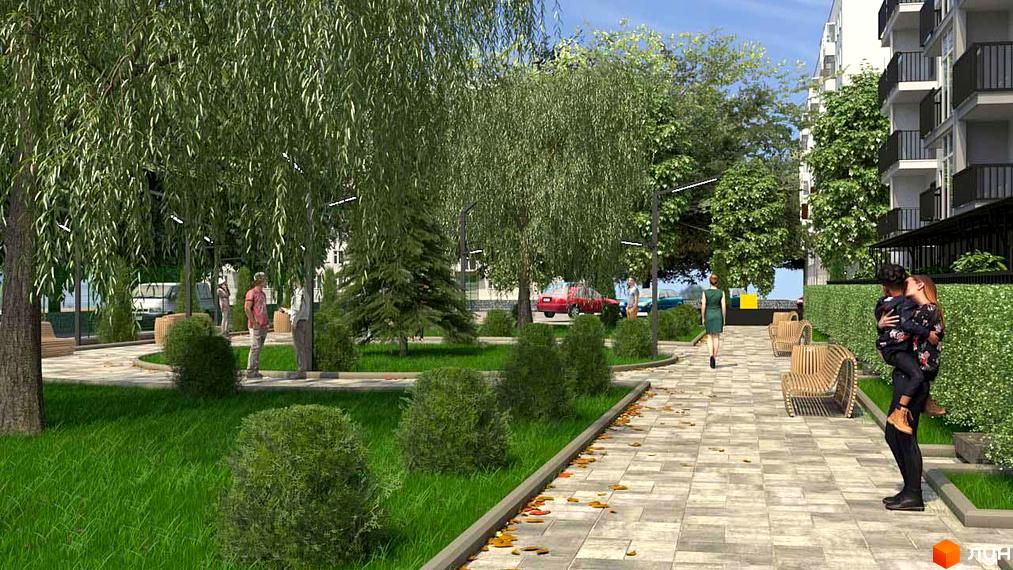 Зображення прибудинкової території Житлового комплексу KromaxBud: зелені насадження, лавки для відпочинку та пішохідні доріжки.