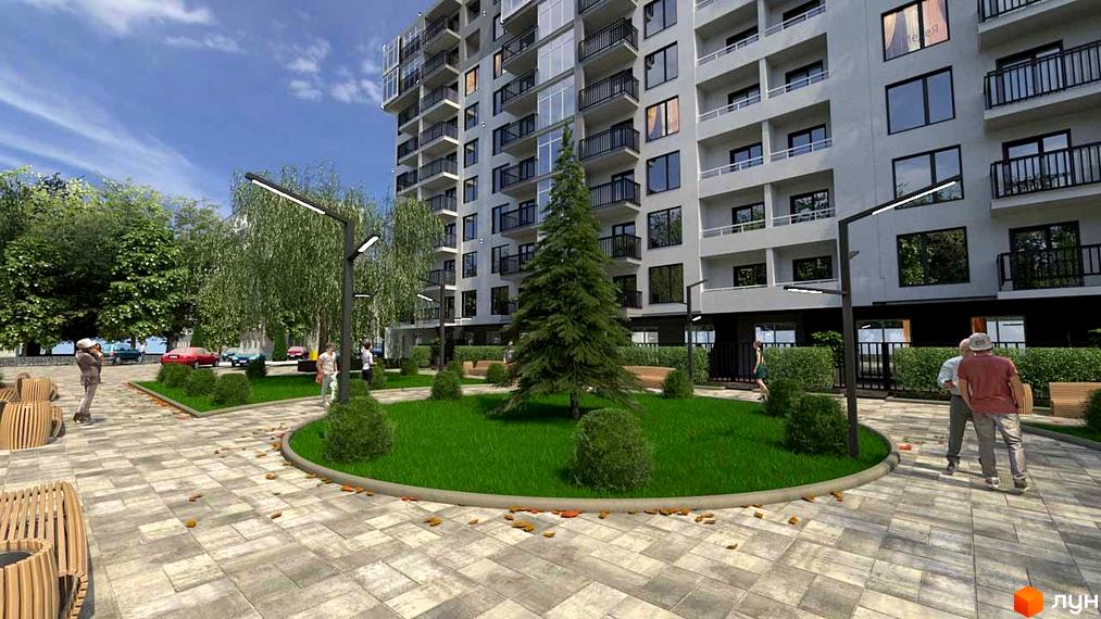 Зображення фасаду ЖК KromaxBud та прибудинкової території з газоном, деревами і лавками. Вигляд новобудови ззовні.