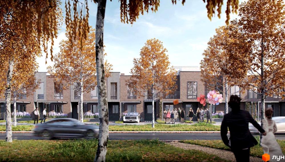 Таунхауси Eastville. Зовнішній вигляд цегляних будинків з вікнами та балконами, прибудинкова територія з деревами та людьми.