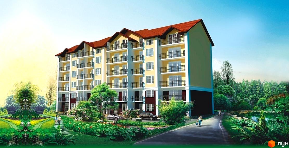 Житловий комплекс Курортний. Багатоповерховий будинок з балконами та червоним дахом. На території є зелені насадження, доріжки та парковка.