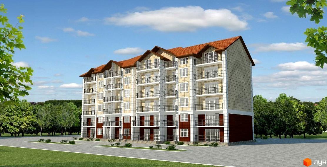 Зображення житлового комплексу з балконами та терасами. Навколо будівлі зелена зона та дерева.