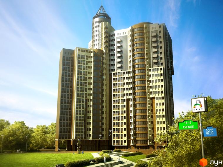 Житловий комплекс Avenue 14-16 – сучасна новобудова з багатоповерховими корпусами та скляними фасадами. Територія навколо озеленена, з доглянутими газонами та деревами.
