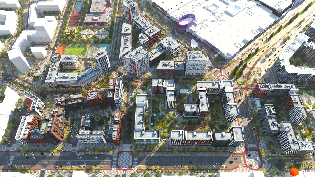 Житловий комплекс Respublika: багатоповерхові будинки різної форми, оточені зеленими зонами, пішохідними доріжками та спортивними майданчиками.