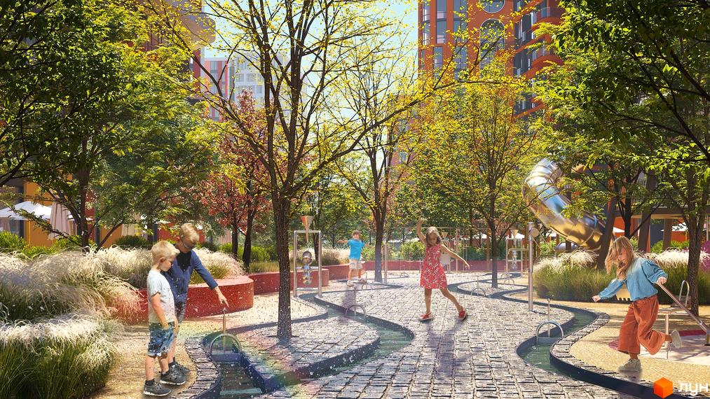 Високі будинки Житлового комплексу Respublika з оранжевими фасадами. На прибудинковій території багато дерев, мощені доріжки з водними елементами та дитячі ігрові зони.