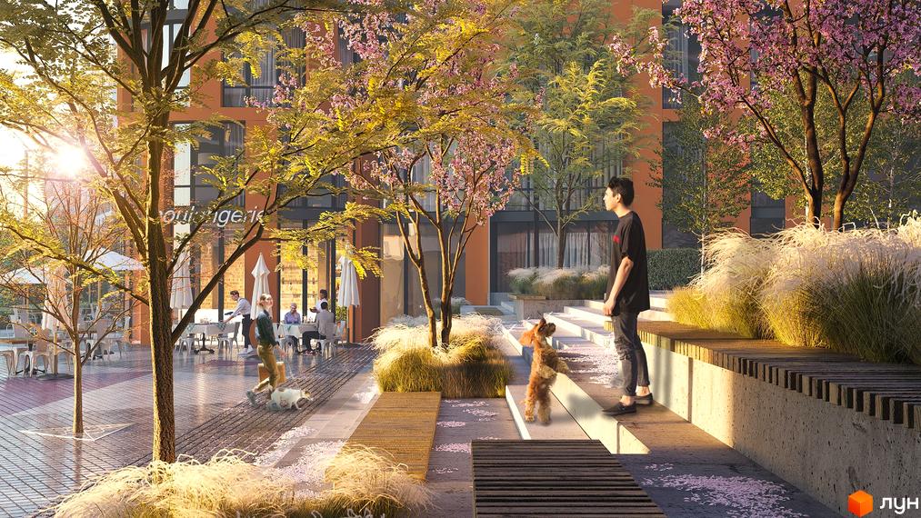 Будівля житлового комплексу Respublika з помаранчевим фасадом та великими вікнами. Прибудинкова територія має дерева, квітучі кущі, кафе з терасою та прогулянкові зони.