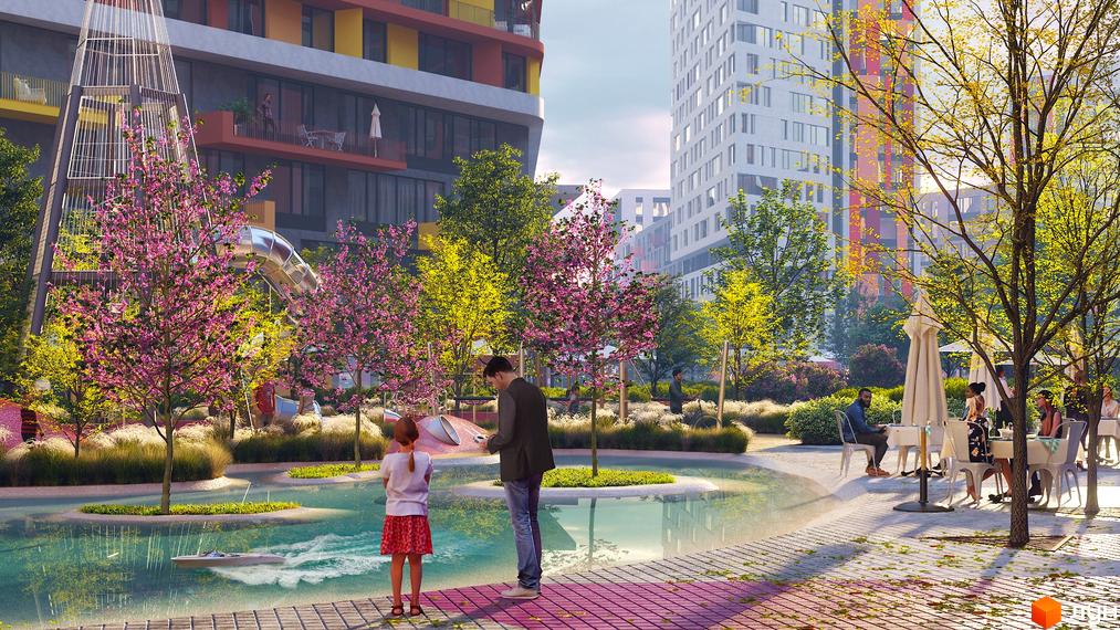 Житловий комплекс Respublika з багатоповерховими будинками та яскравими фасадами. На прибудинковій території є водойма, квітучі дерева та ігровий майданчик.