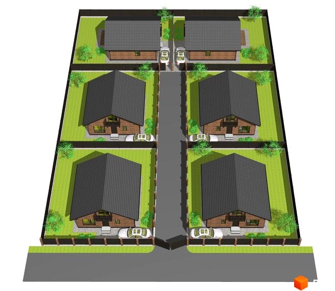 Котеджне містечко КМ Одноповерховий Київ - Віта-Поштова. Візуалізація одноповерхових будинків з темними дахами та прибудинковою територією з газоном і парковкою.