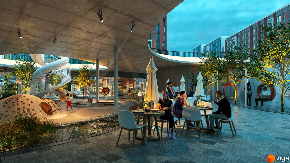 Багатоповерхові будинки Житлового комплексу Respublika з фасадами у червоних та сірих тонах. На території є дитячий майданчик з гірками та зона кафе.