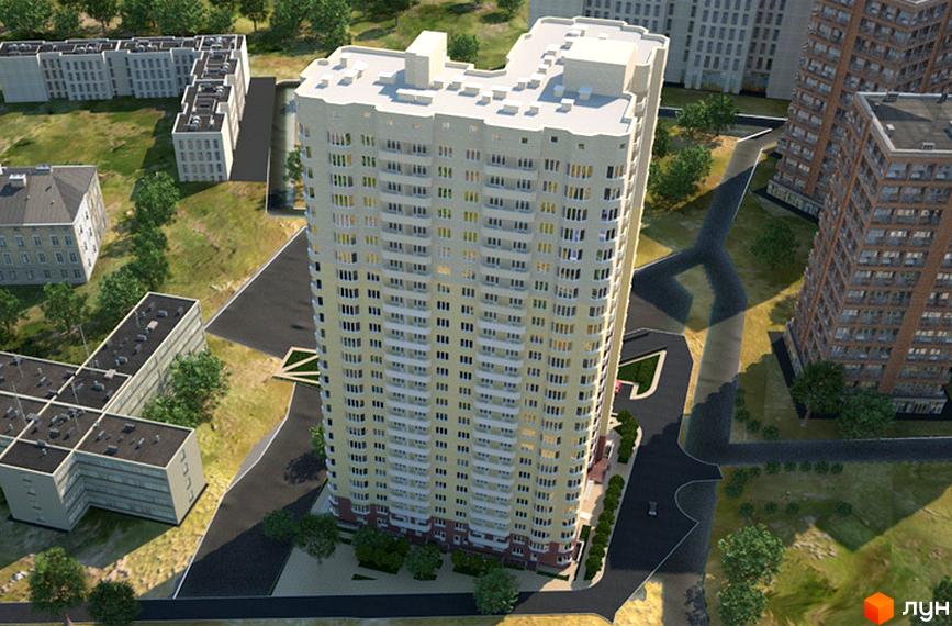 Житловий комплекс Гранд - висотна світла новобудова з численними балконами та прибудинкова територія з доріжками та деревами.
