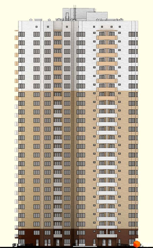 Житловий комплекс Гранд – це висотна будівля зі світлим фасадом, що чергується з бежевими елементами. На фасаді розташовані численні вікна та балкони.