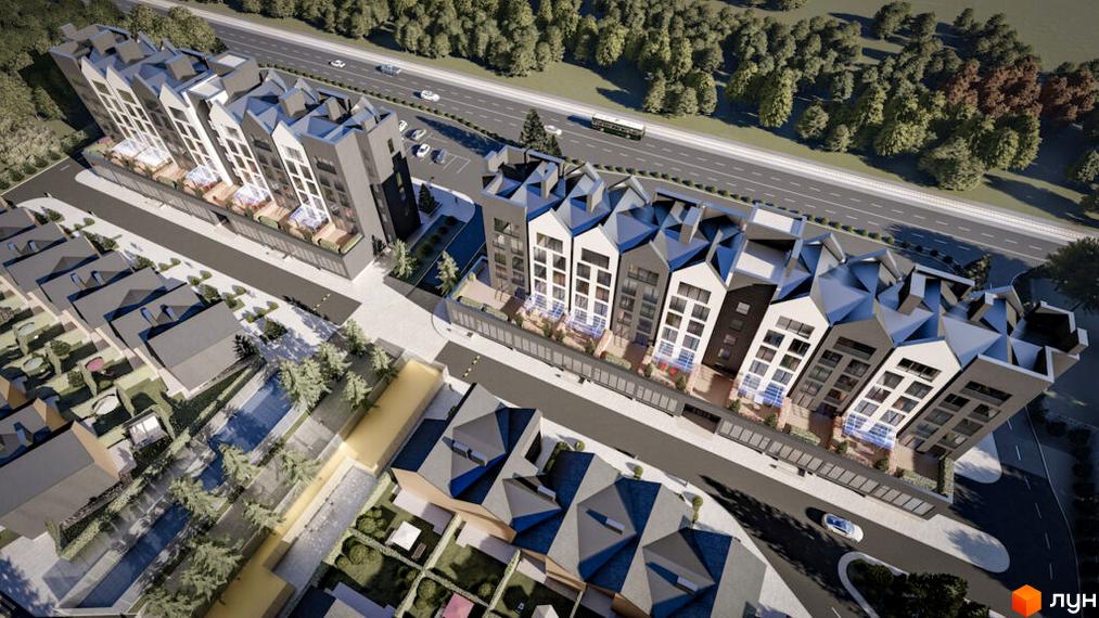 Житловий комплекс Comfort City Lagoon з багатоповерховими будинками та прибудинковою територією з зеленими насадженнями та зонами відпочинку. Вид з висоти пташиного польоту на сучасну архітектуру та міський ландшафт.