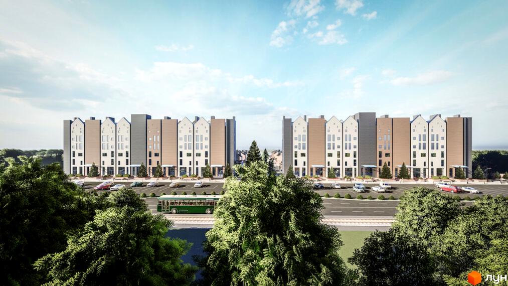 Зовнішній вигляд житлового комплексу Comfort City Lagoon з фасадами різних кольорів та паркуванням з автомобілями. Навколо розташовані зелені дерева та проїжджа частина з автобусом.
