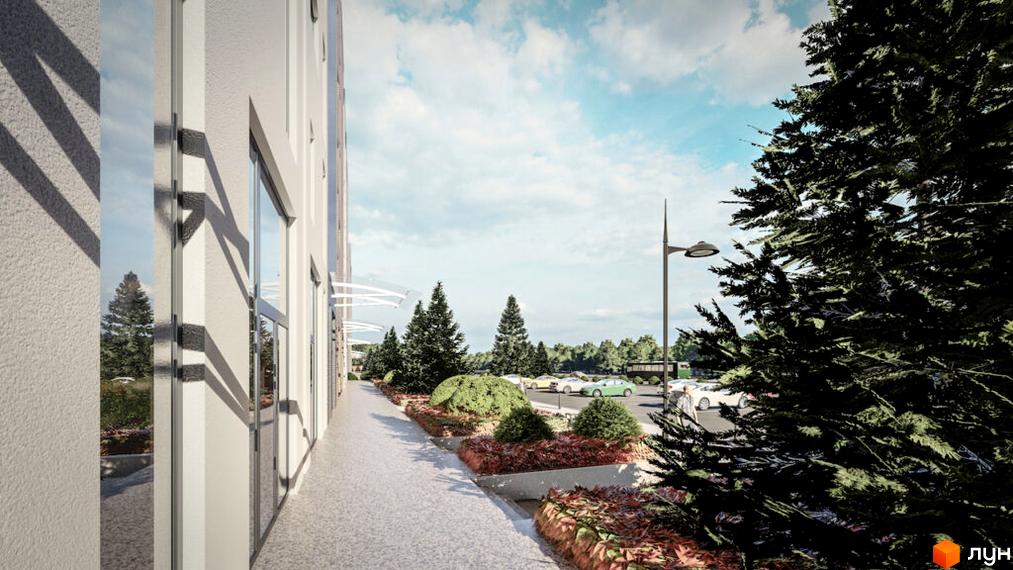 Зовнішній вигляд будинку ЖК Comfort City Lagoon з прилеглою зеленою зоною та парковкою. Фото новобудови з фасадом та вікнами.