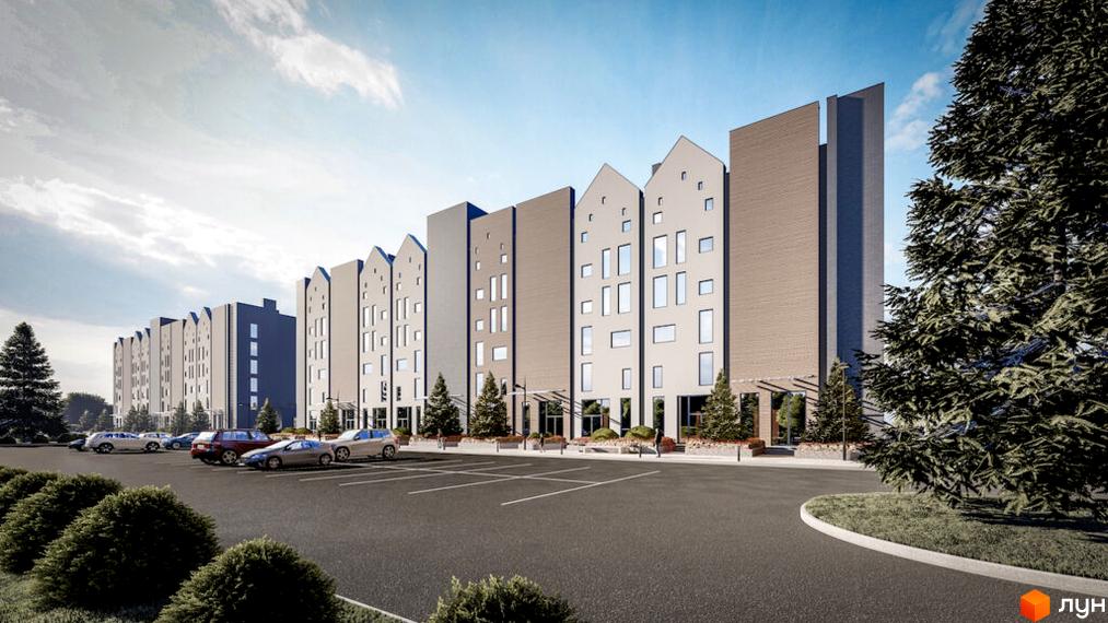 Житловий комплекс Comfort City Lagoon з фасадами, що нагадують старовинні будинки, та паркуванням перед будівлею. Навколо комплексу висаджені дерева та кущі.