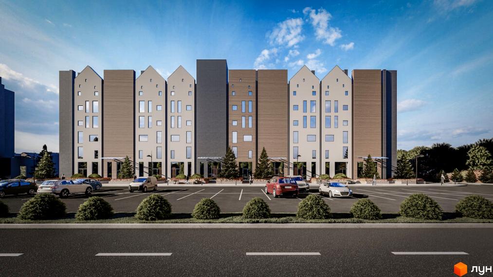 Зовнішній вигляд житлового комплексу Comfort City Lagoon з паркуванням та зеленими насадженнями. Фасад будівлі має геометричний дизайн з великою кількістю вікон.